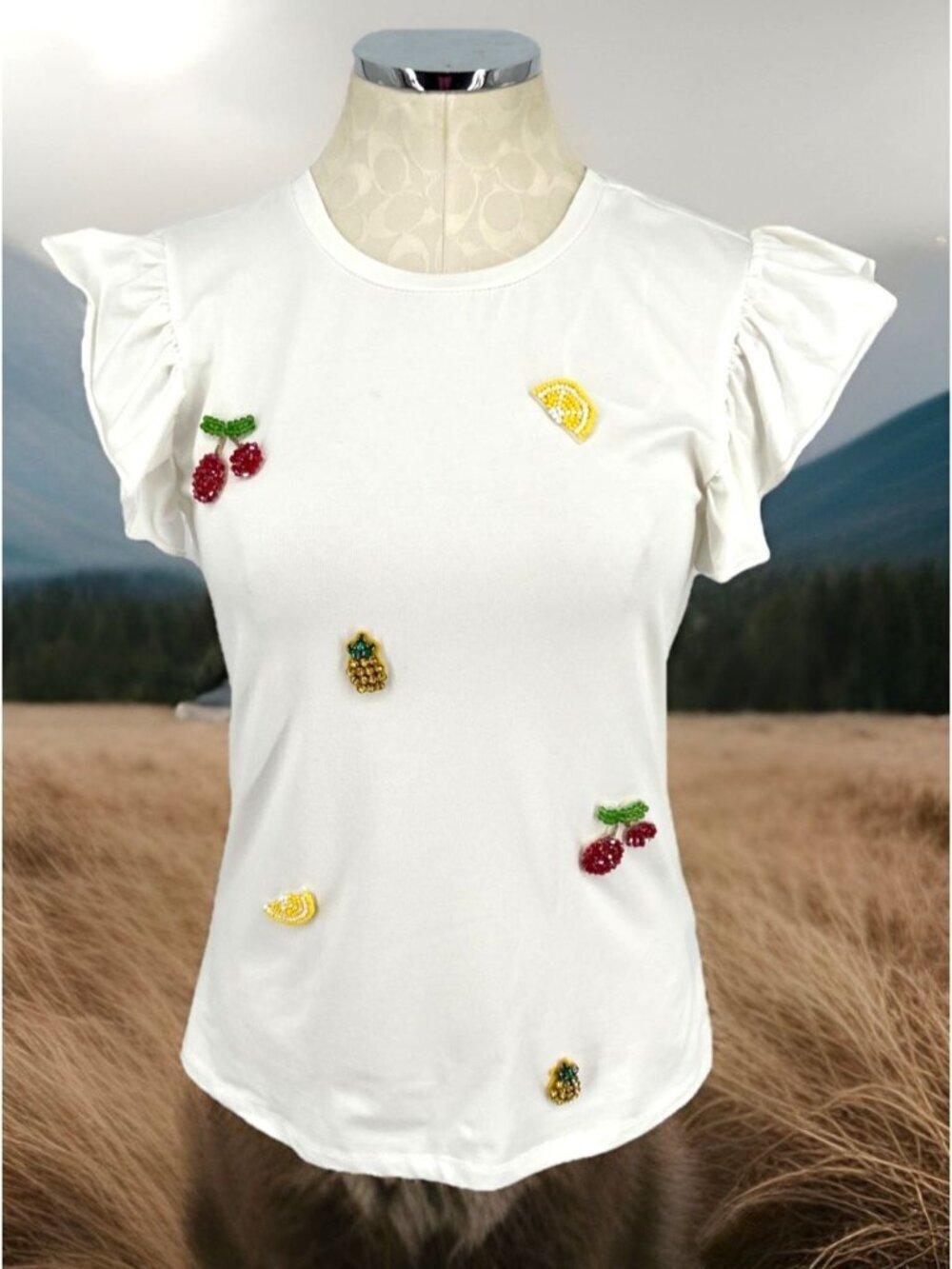 mesh+love White Top Sz S Embellished Cotton Blend T-Shirt Beaded Rhinestones